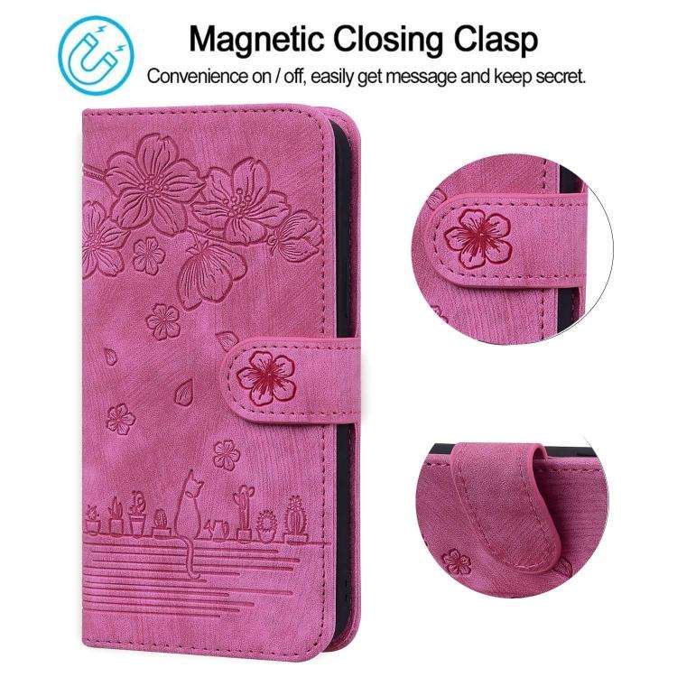 For Samsung Galaxy A57 5G Cartoon Sakura Cat Embossed Leather Phone Case(Rose Red)