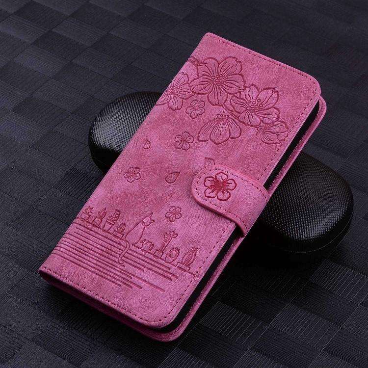 For Samsung Galaxy A57 5G Cartoon Sakura Cat Embossed Leather Phone Case(Rose Red)