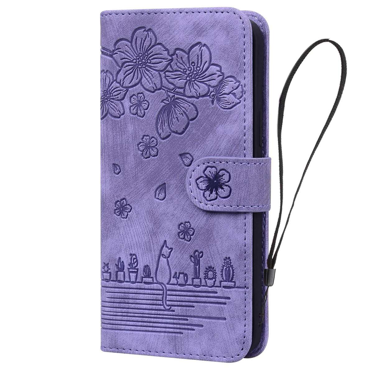 For Samsung Galaxy A57 5G Cartoon Sakura Cat Embossed Leather Phone Case(Purple)