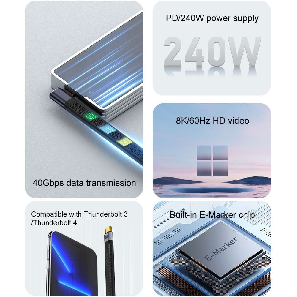 240W 40Gbps USB-C / Type-C Male to USB-C / Type-C Female Flexible Board Data Cable