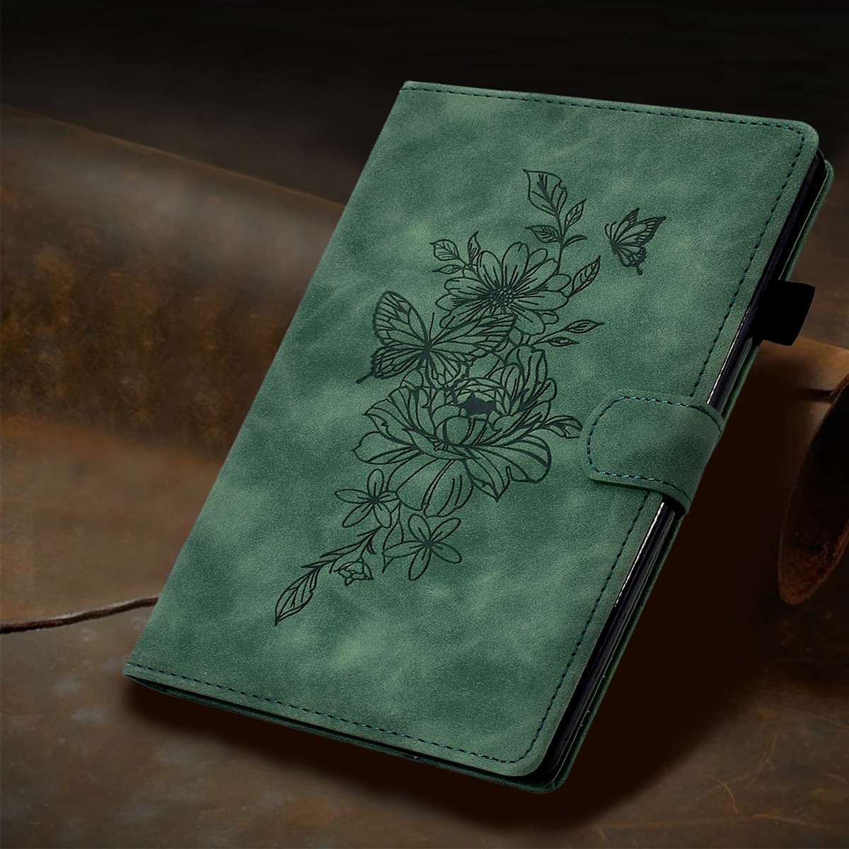 For Samsung Galaxy Tab A11+ / A9+ Peony Butterfly Embossed Leather Smart Tablet Case(Green)