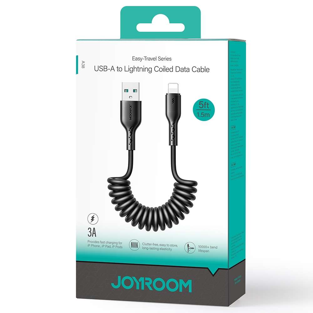 JOYROOM SA38-AL3 3A USB to 8 Pin Coiled Fast Charging Data Cable, Length:1.5m(Black)