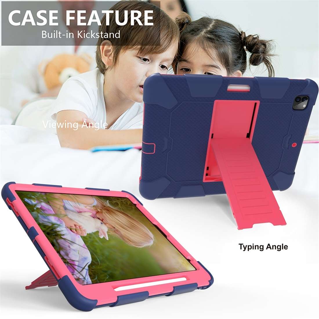 For iPad Pro 12.9 (2018) / (2020) Shockproof Two-Color Silicone Protecti ... (Dark Blue+Rose Pink)