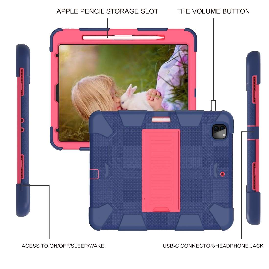 For iPad Pro 12.9 (2018) / (2020) Shockproof Two-Color Silicone Protecti ... (Dark Blue+Rose Pink)