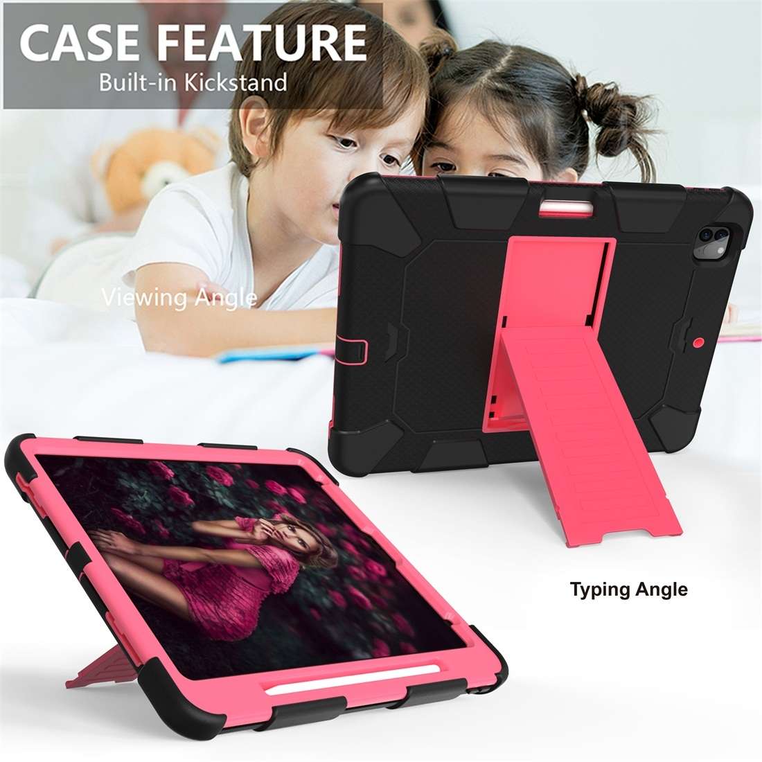 For iPad Pro 12.9 (2018) / (2020) Shockproof Two-Color Silicone Protective T ... (Black+Rose Pink)