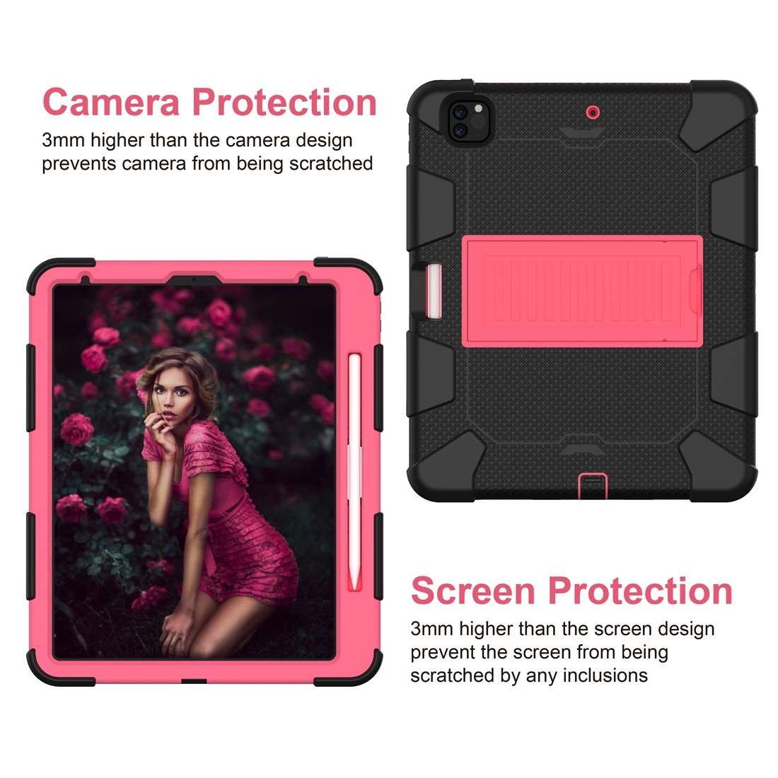 For iPad Pro 12.9 (2018) / (2020) Shockproof Two-Color Silicone Protective T ... (Black+Rose Pink)
