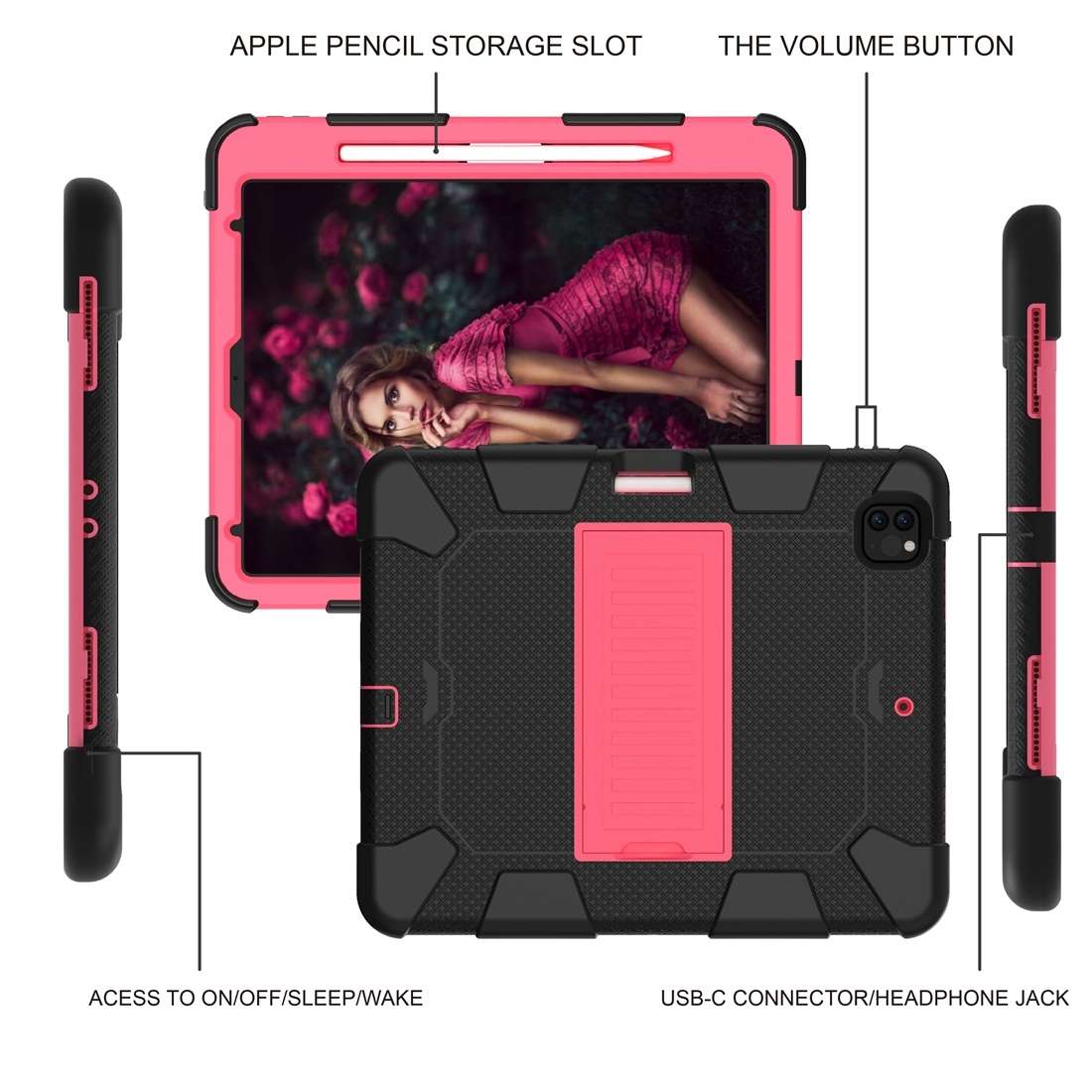 For iPad Pro 12.9 (2018) / (2020) Shockproof Two-Color Silicone Protective T ... (Black+Rose Pink)