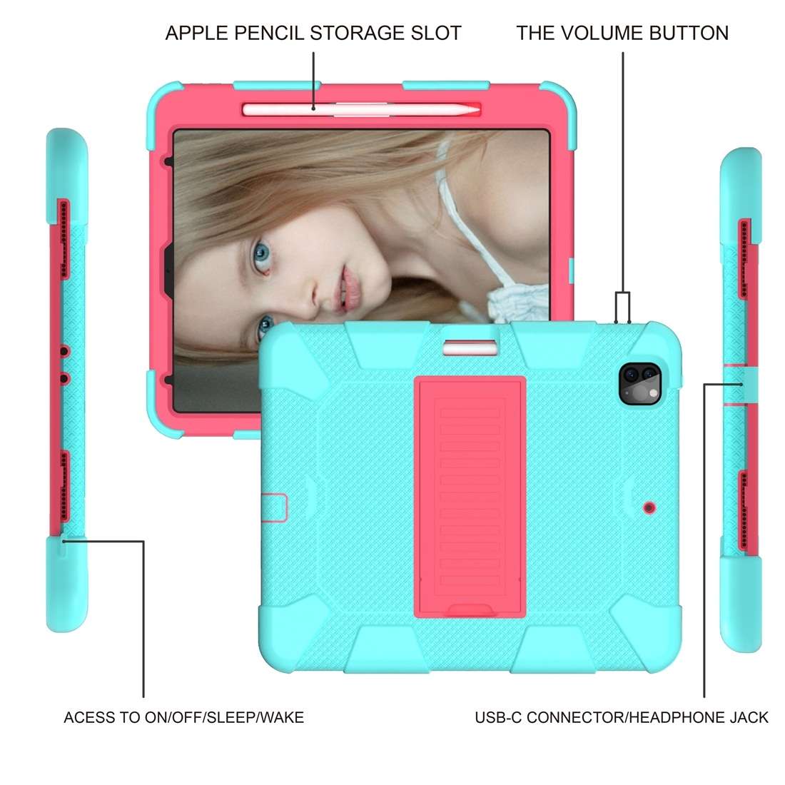 For iPad Pro 12.9 (2018) / (2020) Shockproof Two-Color Silicone Protecti ... (Mint Green+Rose Red)