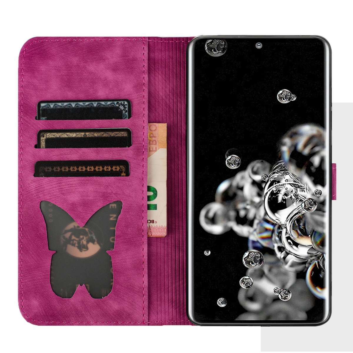 For Samsung Galaxy S21 Ultra 5G Butterfly Cat Embossing Flip Leather Phone Case(Pink)