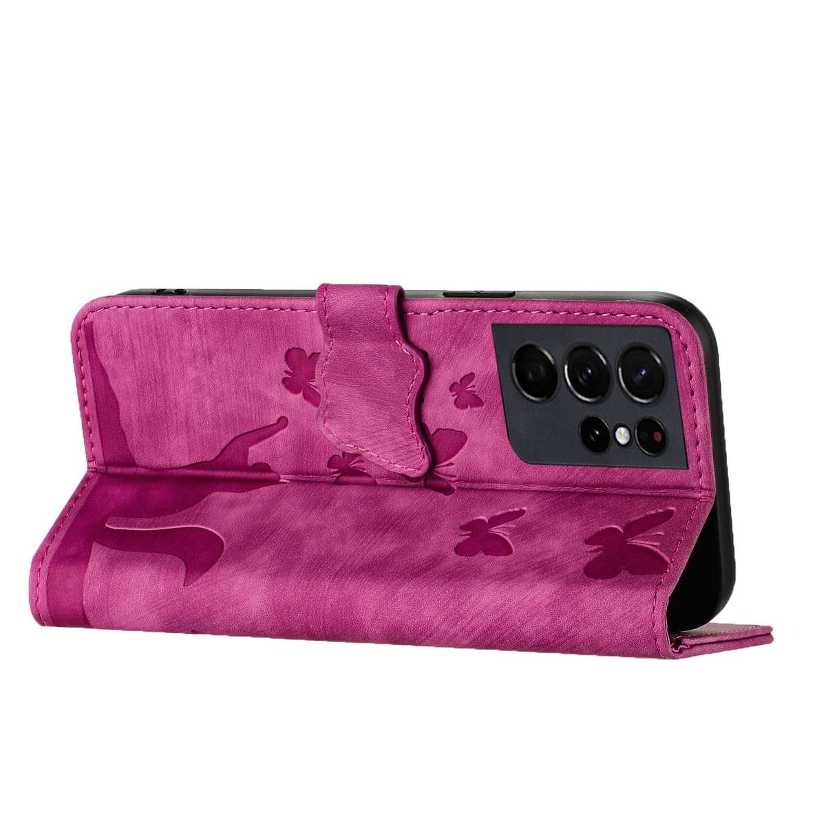 For Samsung Galaxy S21 Ultra 5G Butterfly Cat Embossing Flip Leather Phone Case(Pink)