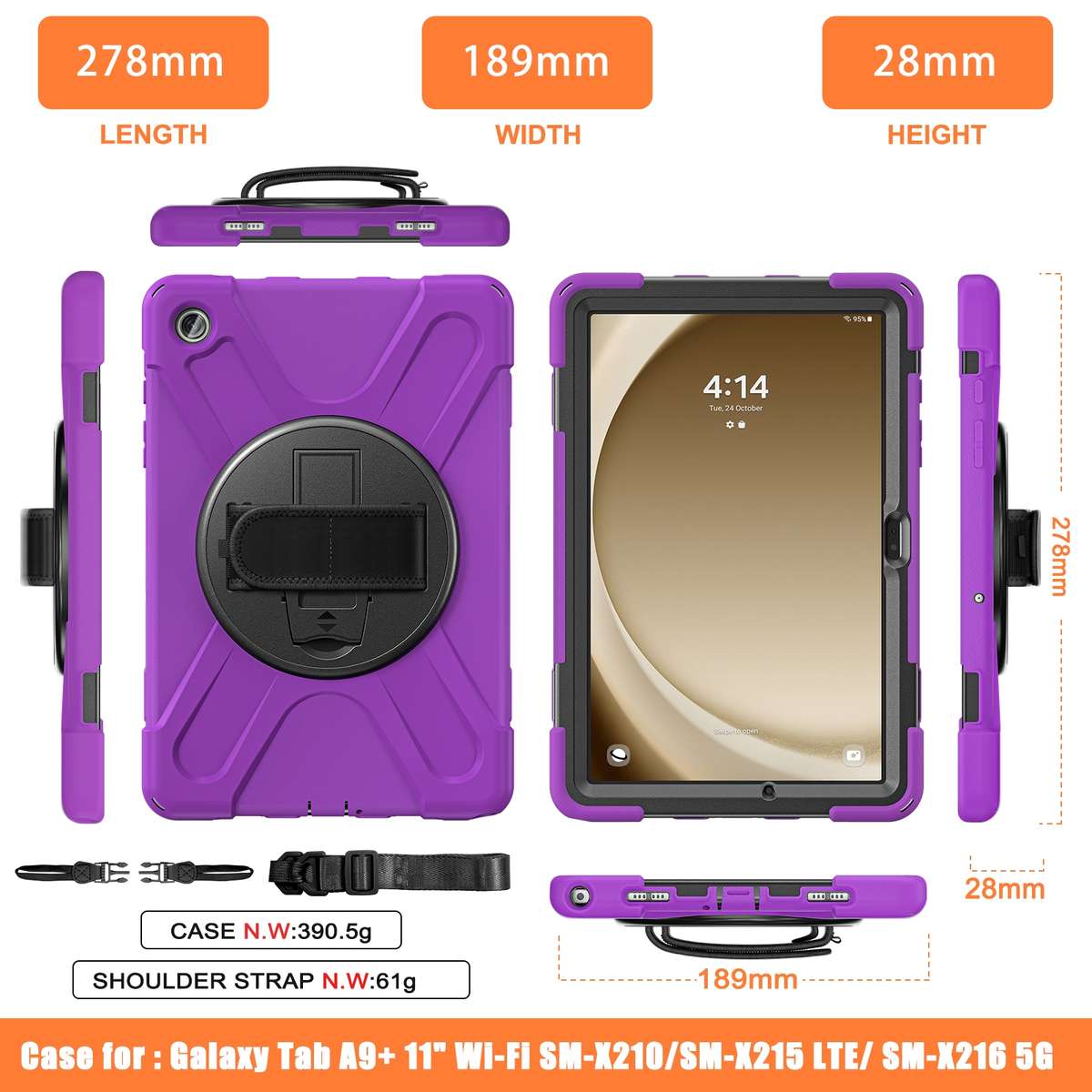 For Samsung Galaxy Tab A9+ Rotatable Kickstand Grip Heavy Duty Hard Rugged Tablet Case(Purple)