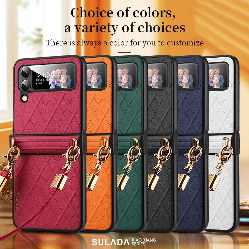 For Samsung Galaxy Z Flip4 SULADA Elegant Rhombic Texture Folding Phone Case with Lanyard(Orange)