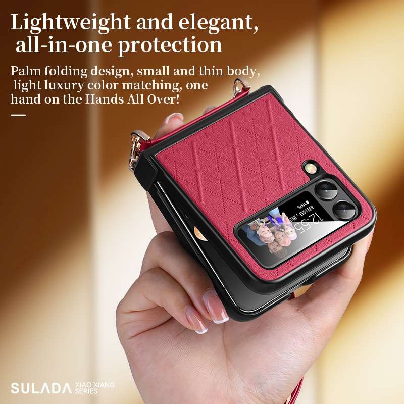 For Samsung Galaxy Z Flip4 SULADA Elegant Rhombic Texture Folding Phone Case with Lanyard(Orange)