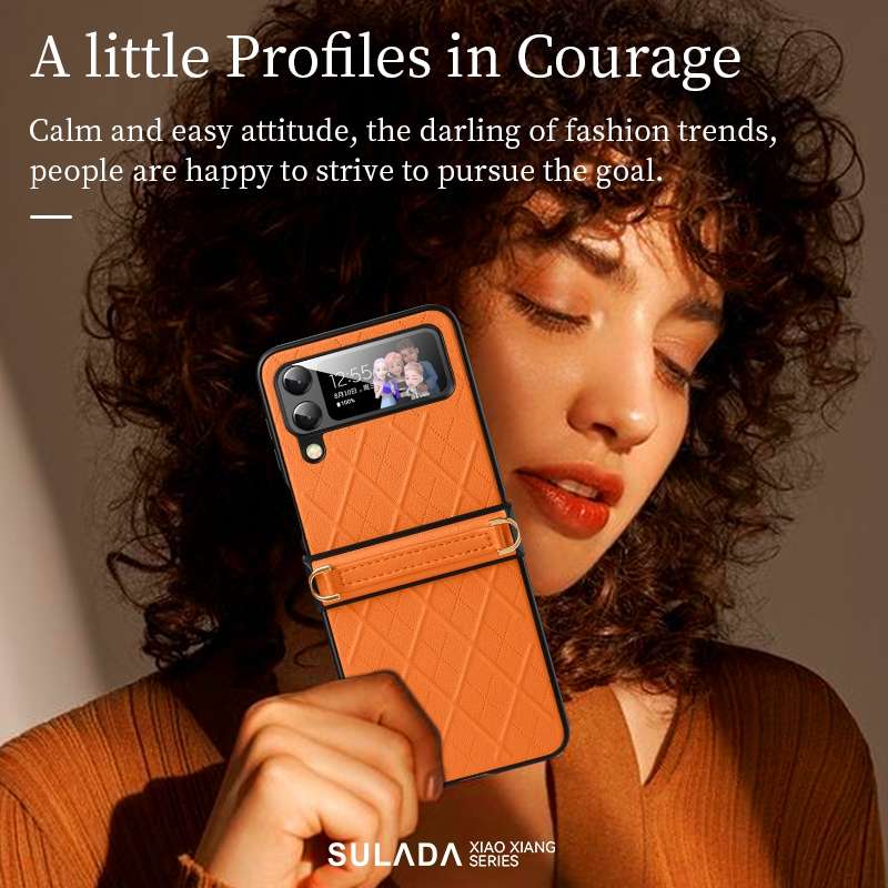 For Samsung Galaxy Z Flip4 SULADA Elegant Rhombic Texture Folding Phone Case with Lanyard(Orange)