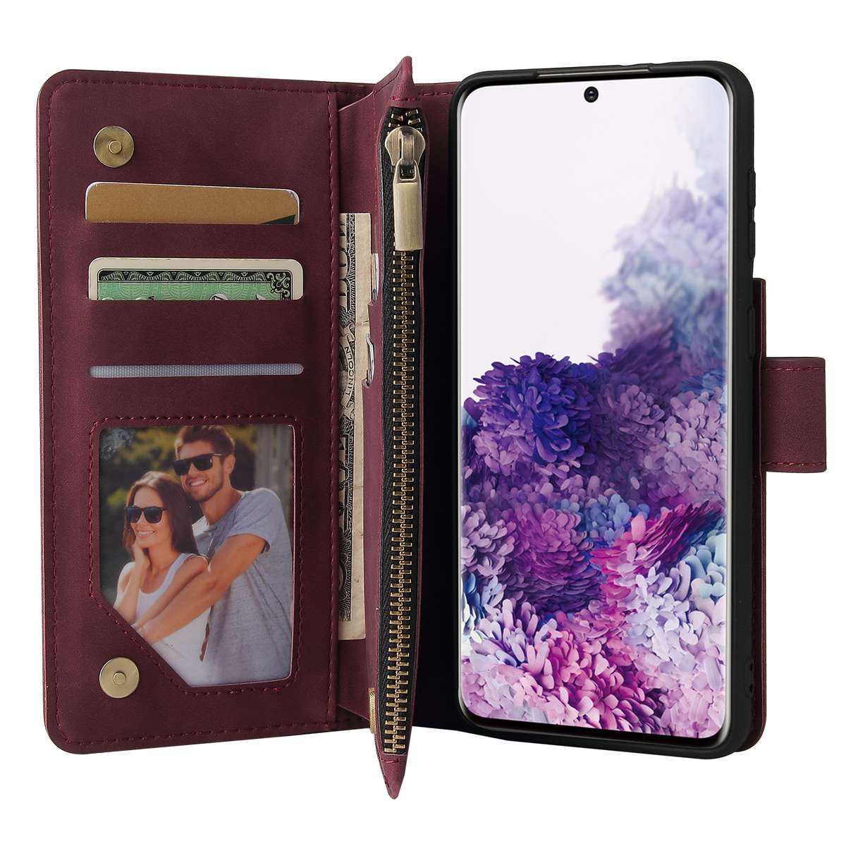For Samsung Galaxy S21+ 5G Multifunctional Frosted Zipper Wallet Leather Phone Case(Wine Red)
