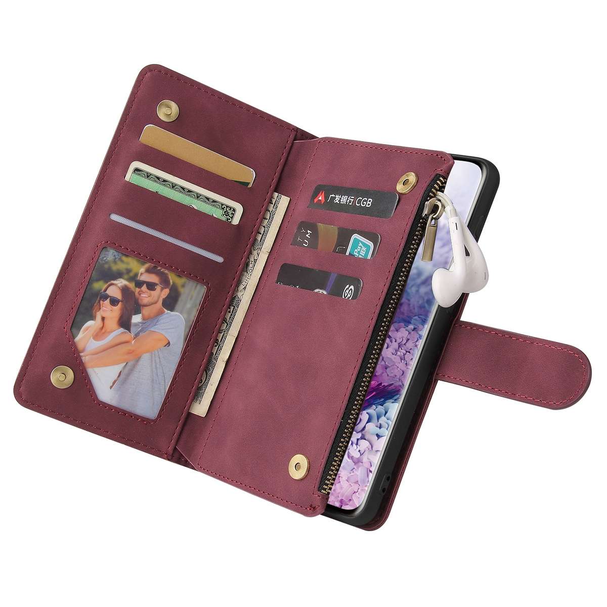 For Samsung Galaxy S21+ 5G Multifunctional Frosted Zipper Wallet Leather Phone Case(Wine Red)