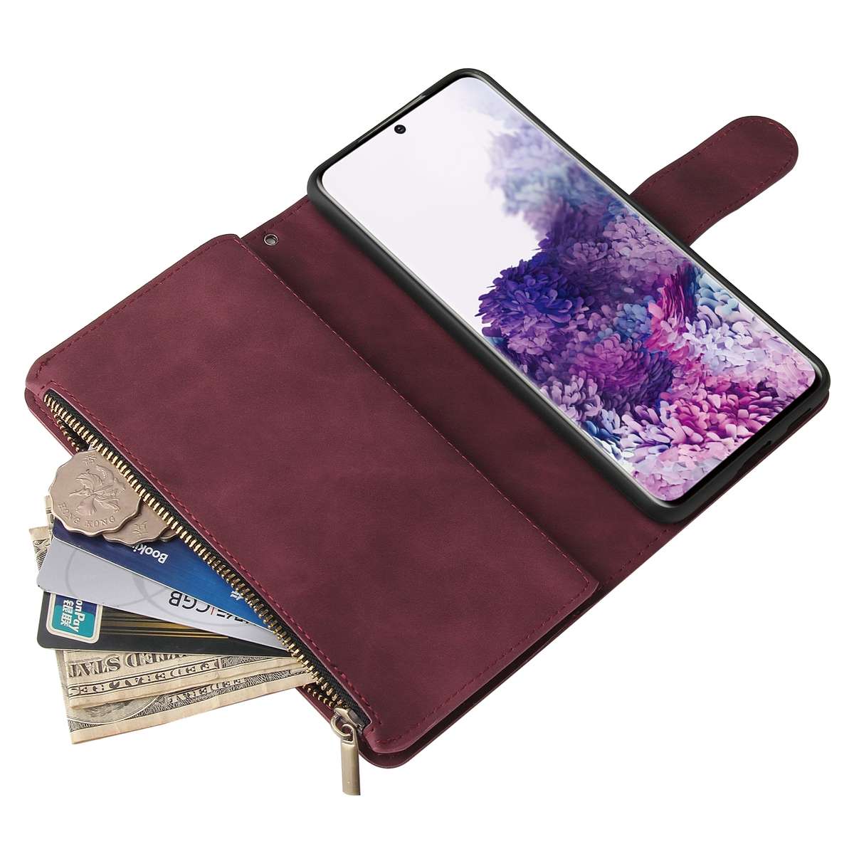 For Samsung Galaxy S21+ 5G Multifunctional Frosted Zipper Wallet Leather Phone Case(Wine Red)