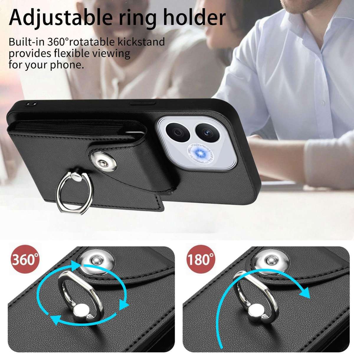 For Honor 400 Lite Global / X70i Organ Card Bag Ring Holder PU Phone Case(Black)