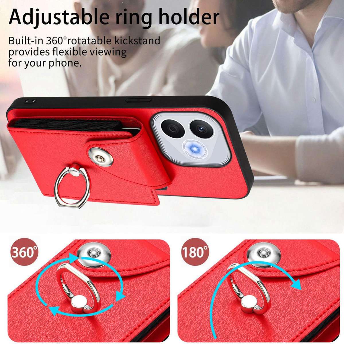 For Honor 400 Lite Global / X70i Organ Card Bag Ring Holder PU Phone Case(Red)