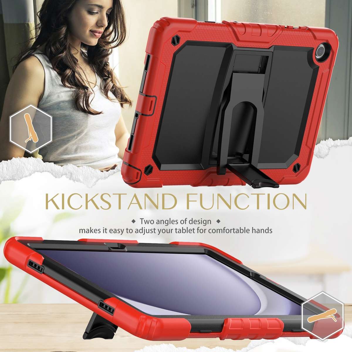 For Samsung Galaxy Tab A11+ / A9+ Silicone Hydric PC Tablet Case with Shoulder Strap & Holder(Red)