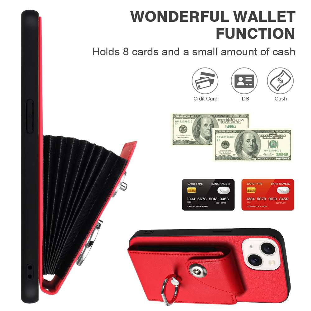 For iPhone 13 mini Organ Card Bag Ring Holder PU Phone Case with Lanyard(Red)