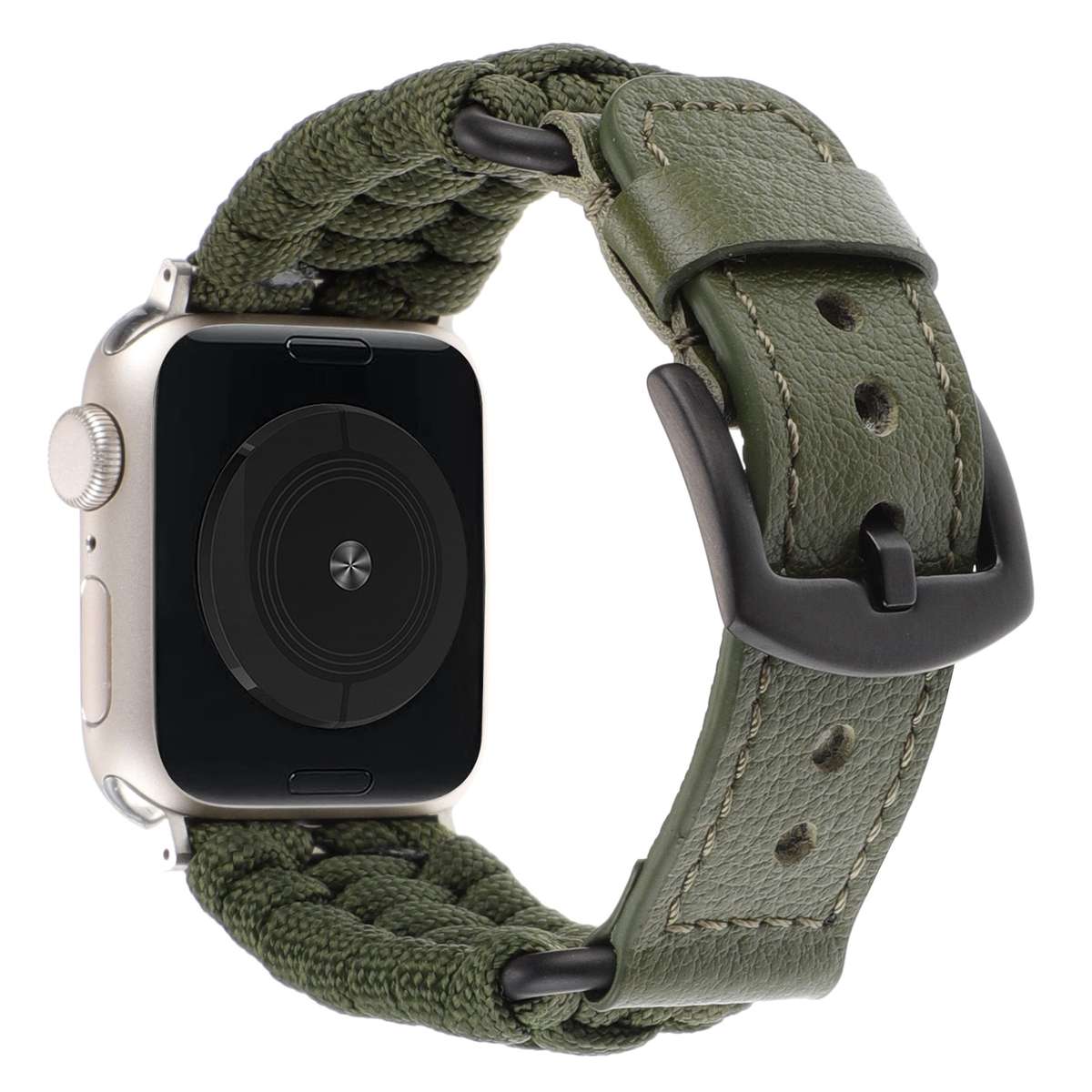 For Apple Watch SE 2023 44mm Plain Paracord Genuine Leather Watch Band(Army Green)