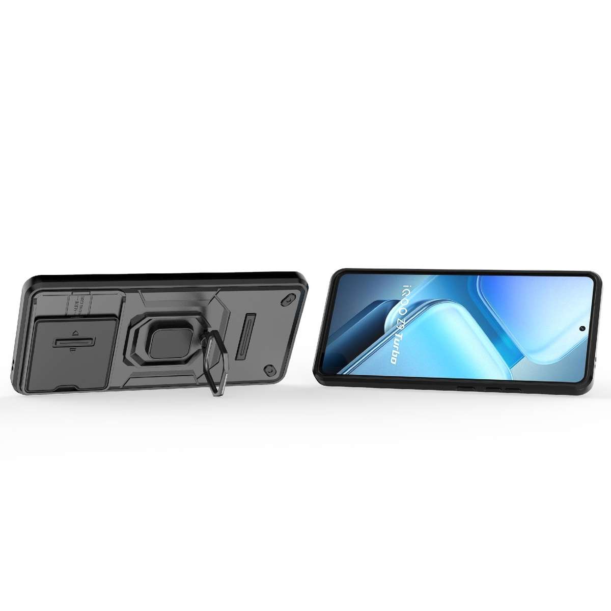 For vivo iQOO Z9 Turbo 5G Sliding Camshield TPU + PC Shockproof Phone Case with Holder(Black)