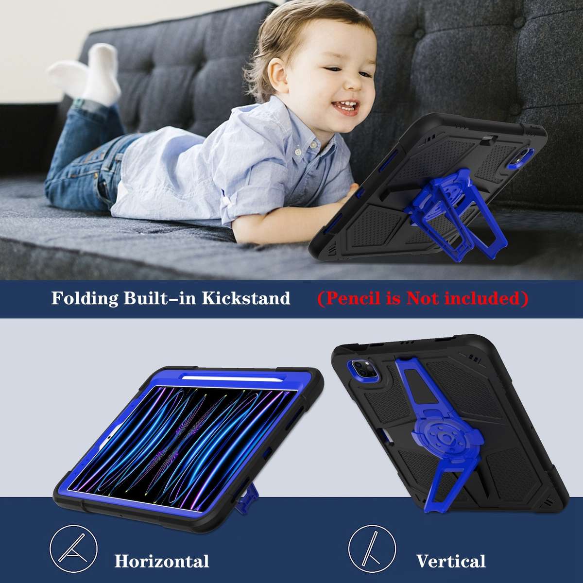 For iPad Air 2022 10.9 / Pro 11 2022 Punk Stand PC Hybrid Silicone Tablet Case wi ... (Black Blue)