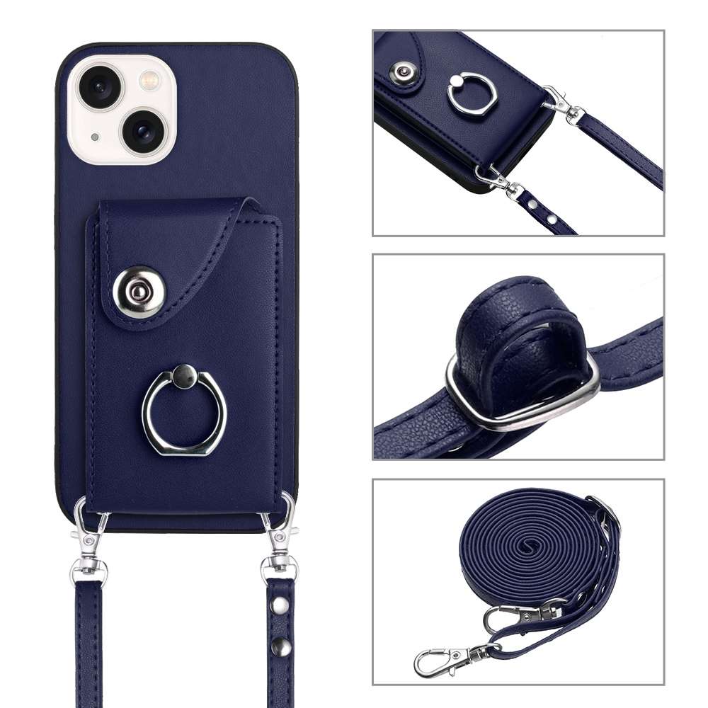 For iPhone 15 Plus Organ Card Bag Ring Holder Phone Case with Long Lanyard(Blue)