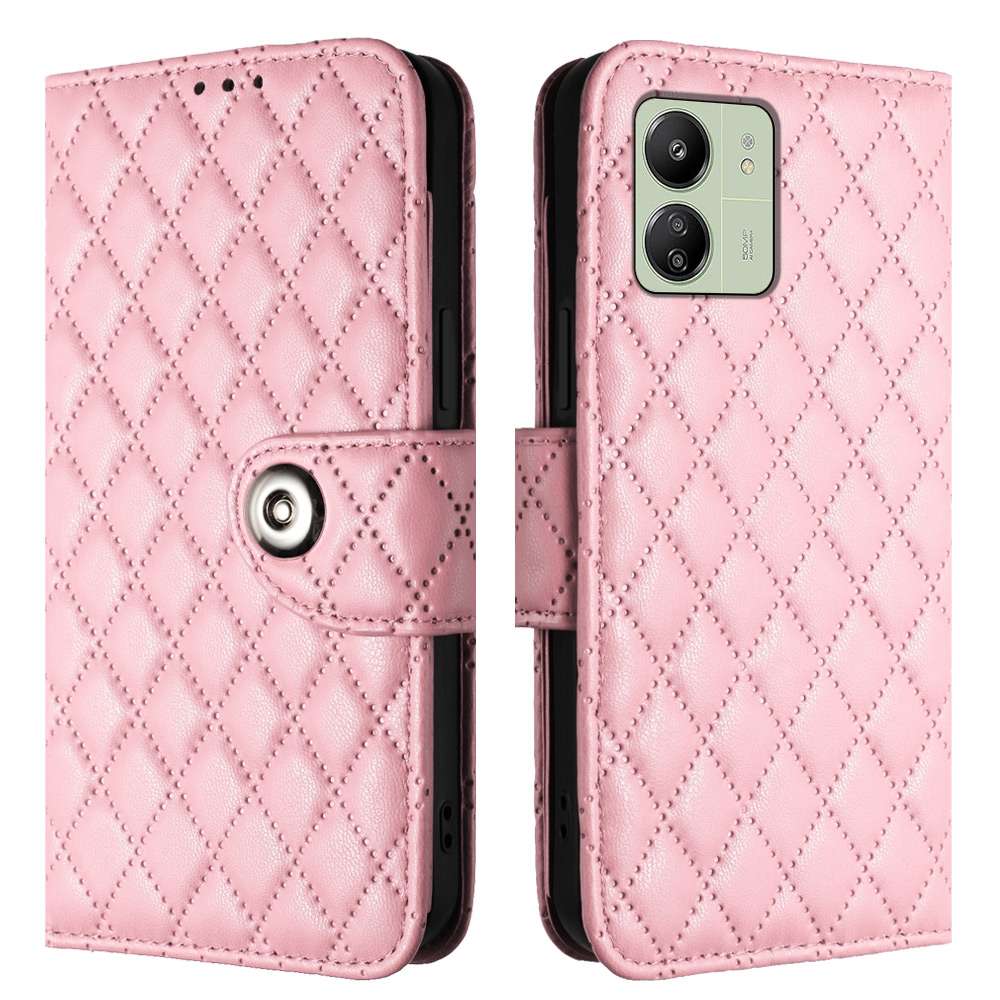 For Xiaomi Redmi 13C 4G Rhombic Texture Flip Leather Phone Case with Lanyard(Pink)