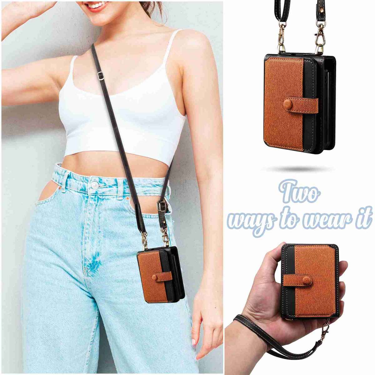 For Samsung Galaxy Z Flip4 Crossbody Color Matching Folding Phone Case(Brown)