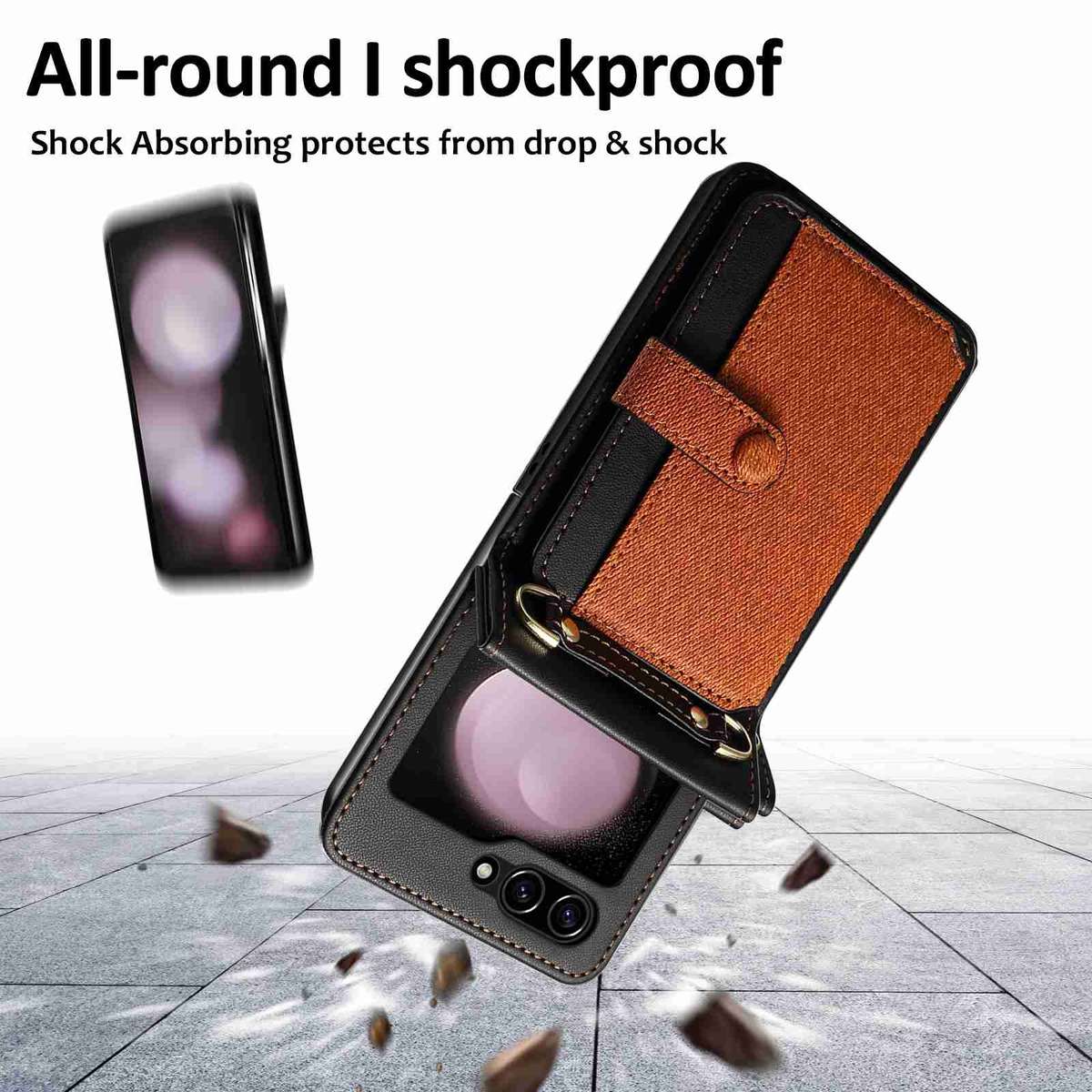 For Samsung Galaxy Z Flip5 Crossbody Color Matching Folding Phone Case(Brown)
