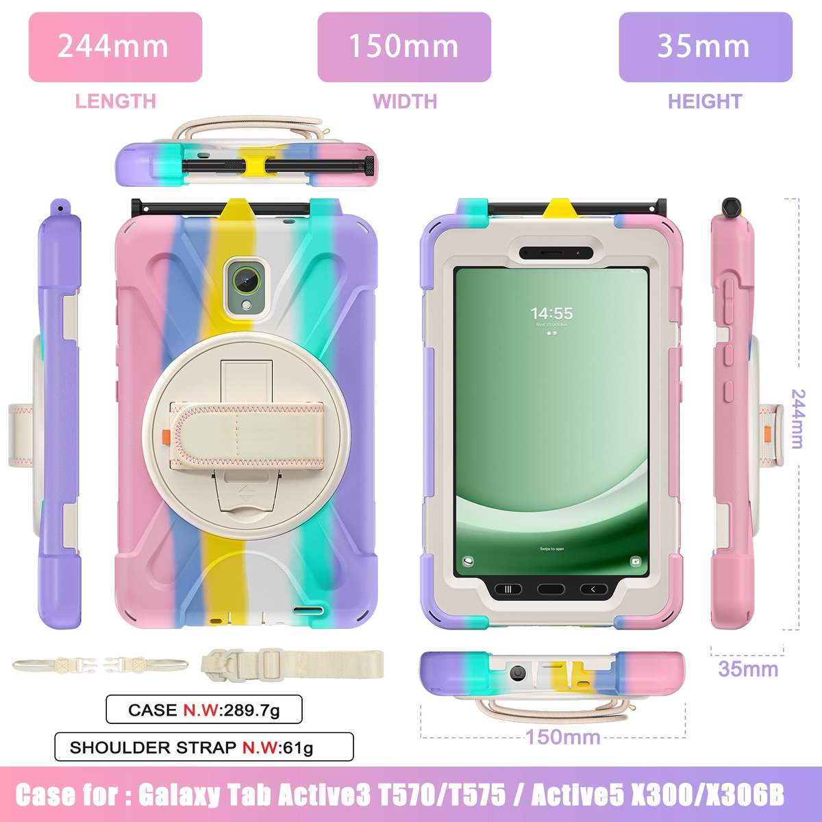 For Samsung Galaxy Tab Active5 X300 Rotary Grip Silicone Hybrid PC Tablet Case ... (Colorful Pink)