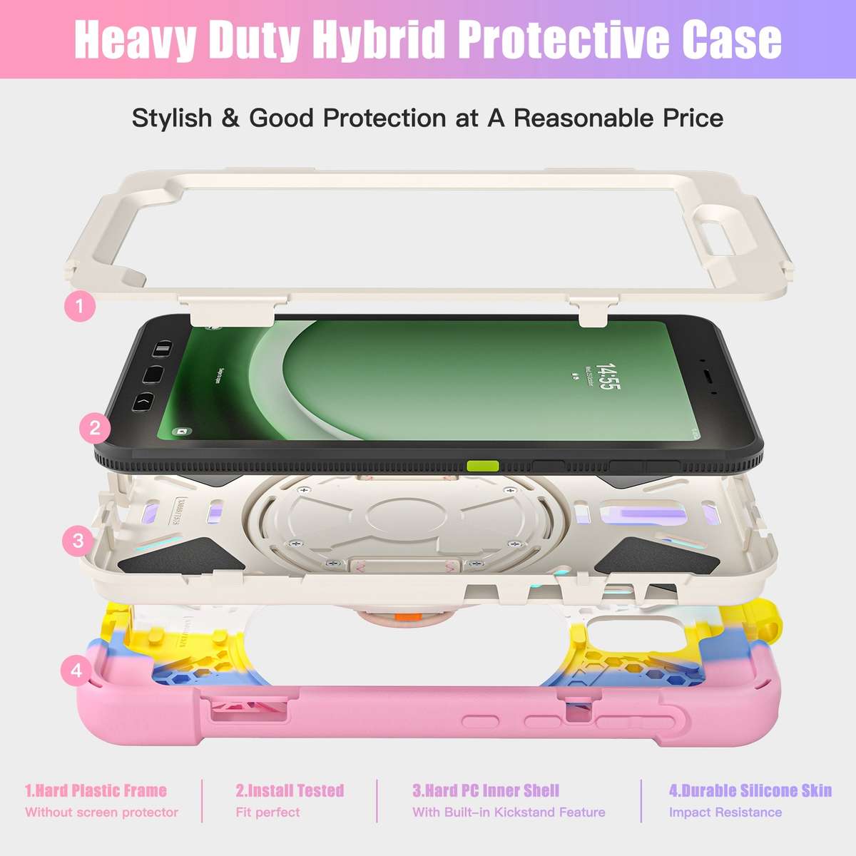 For Samsung Galaxy Tab Active5 X300 Rotary Grip Silicone Hybrid PC Tablet Case ... (Colorful Pink)
