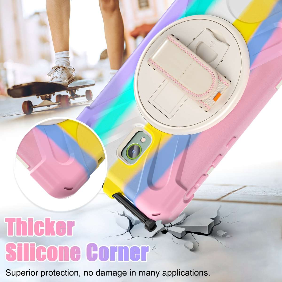 For Samsung Galaxy Tab Active5 X300 Rotary Grip Silicone Hybrid PC Tablet Case ... (Colorful Pink)
