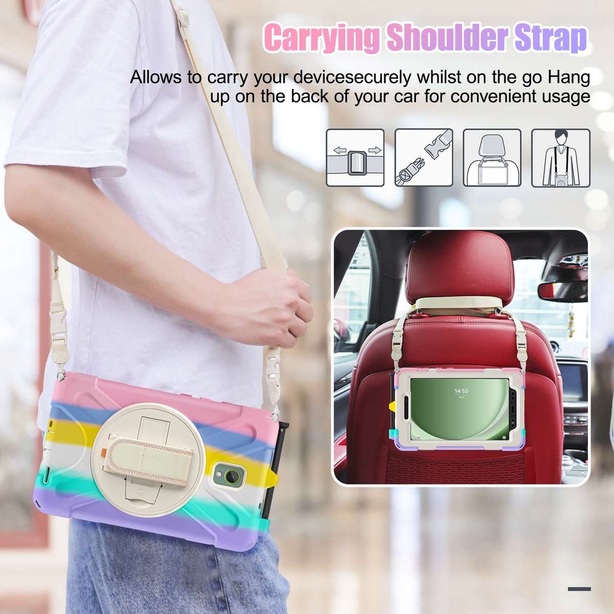 For Samsung Galaxy Tab Active5 X300 Rotary Grip Silicone Hybrid PC Tablet Case ... (Colorful Pink)