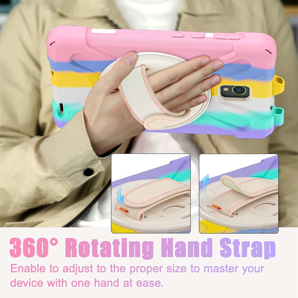 For Samsung Galaxy Tab Active5 X300 Rotary Grip Silicone Hybrid PC Tablet Case ... (Colorful Pink)