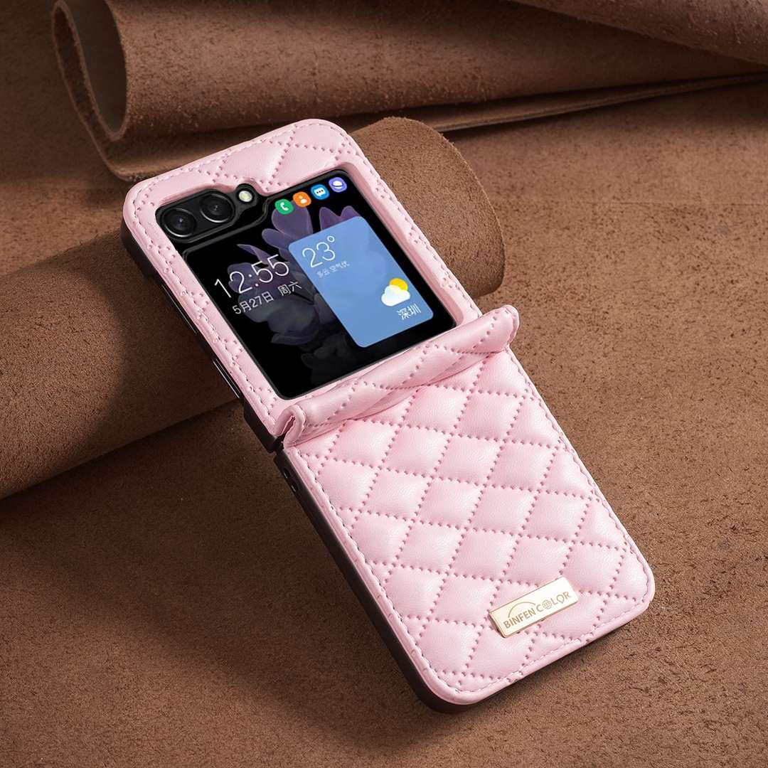 For Samsung Galaxy Z Flip7 FE / Flip6 Diamond Lattice PU + PC Shockproof Phone Case(Pink)