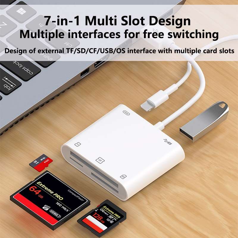 7 in 1 USB 3.0 + 8 Pin Interface Multi-function OTG Card Reader(White)