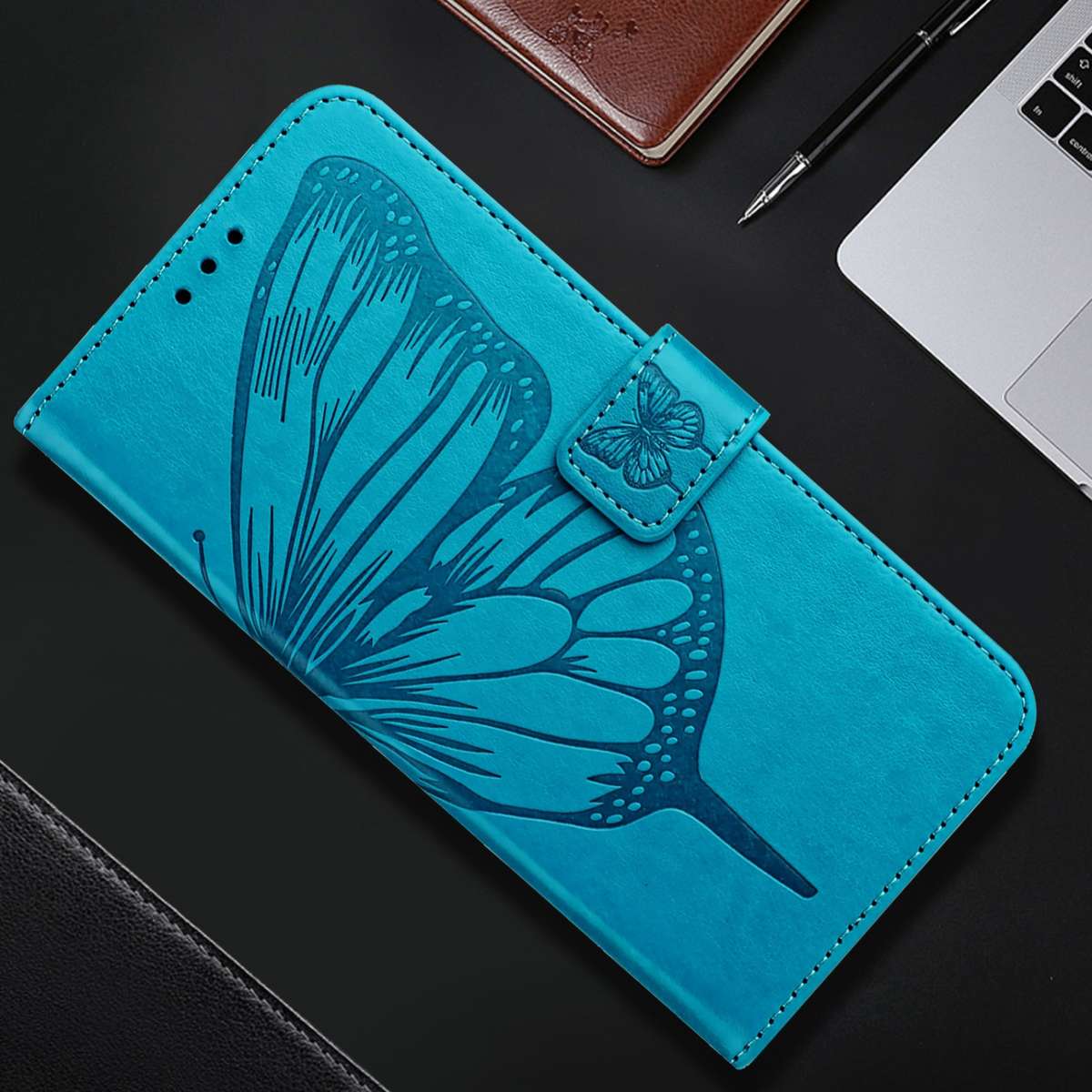For Realme 12 5G Global Embossed Butterfly Leather Phone Case(Blue)
