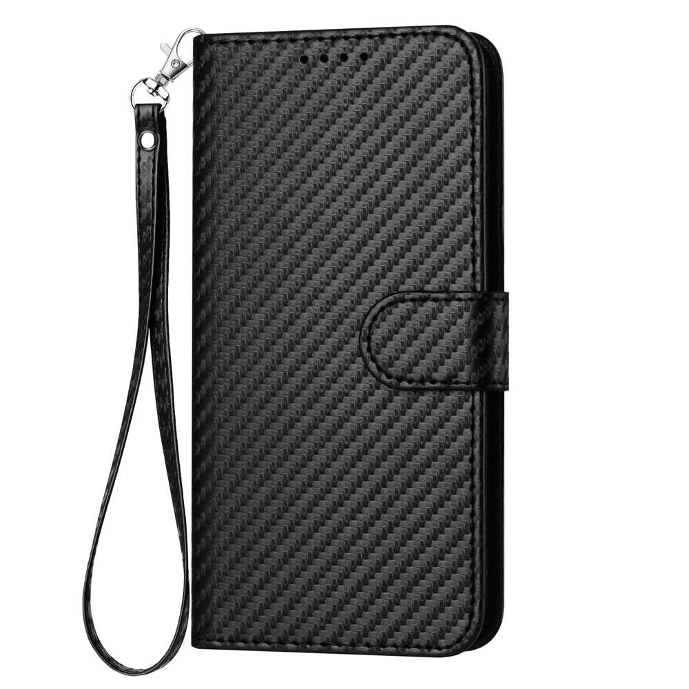 For iPhone 17e / 16e YX0070 Carbon Fiber Buckle Leather Phone Case with Lanyard(Black)