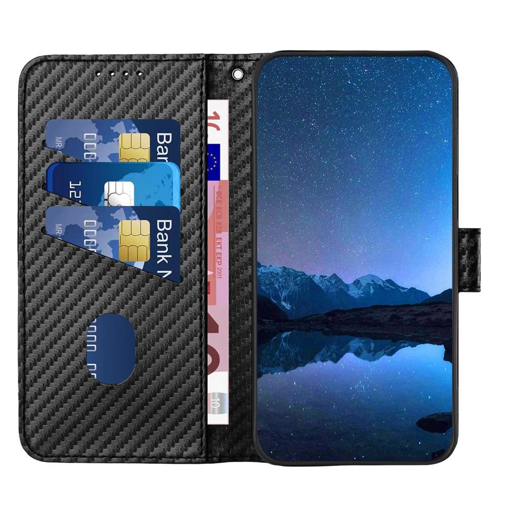 For iPhone 17e / 16e YX0070 Carbon Fiber Buckle Leather Phone Case with Lanyard(Black)