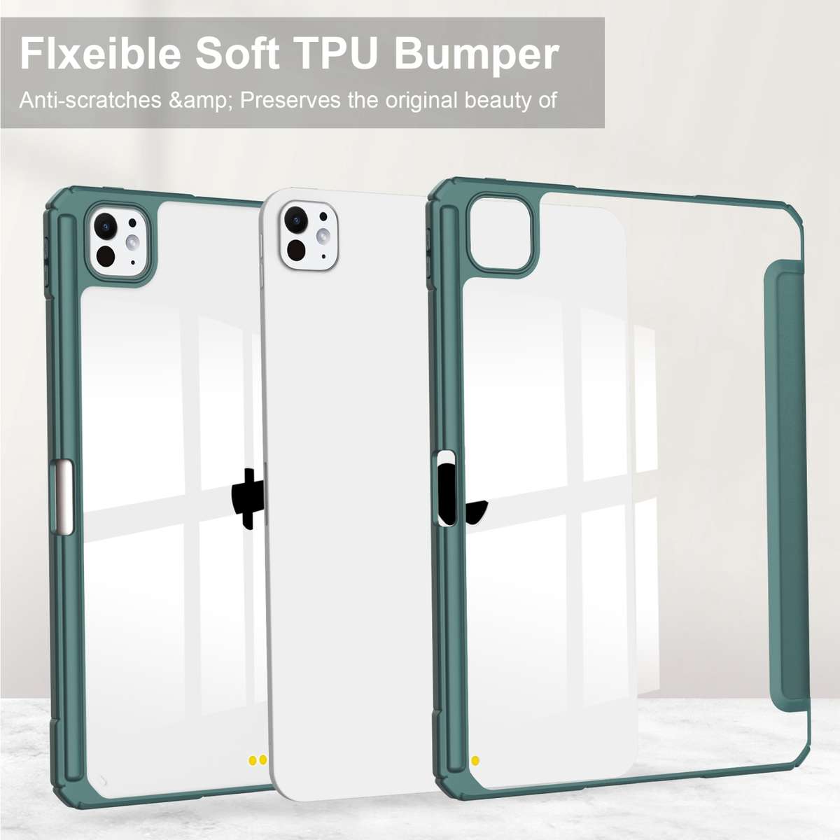 For iPad Pro 13 2025 / 2024 Pure Color 3-fold Clear TPU Smart Leather Tablet Case(Dark Green)