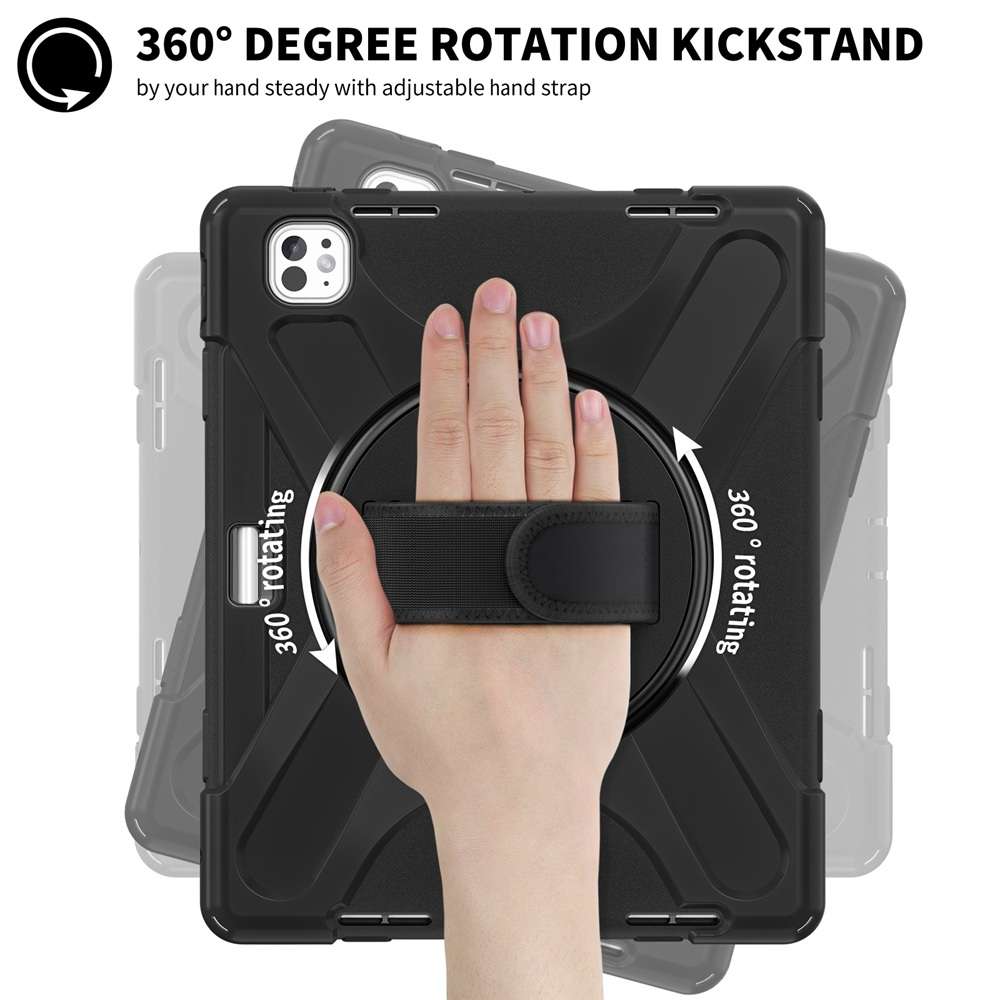 For iPad Pro 13 2025 / 2024 Rotatable Holder Silicone Hybrid PC Tablet Case with Shoul ... (Black)