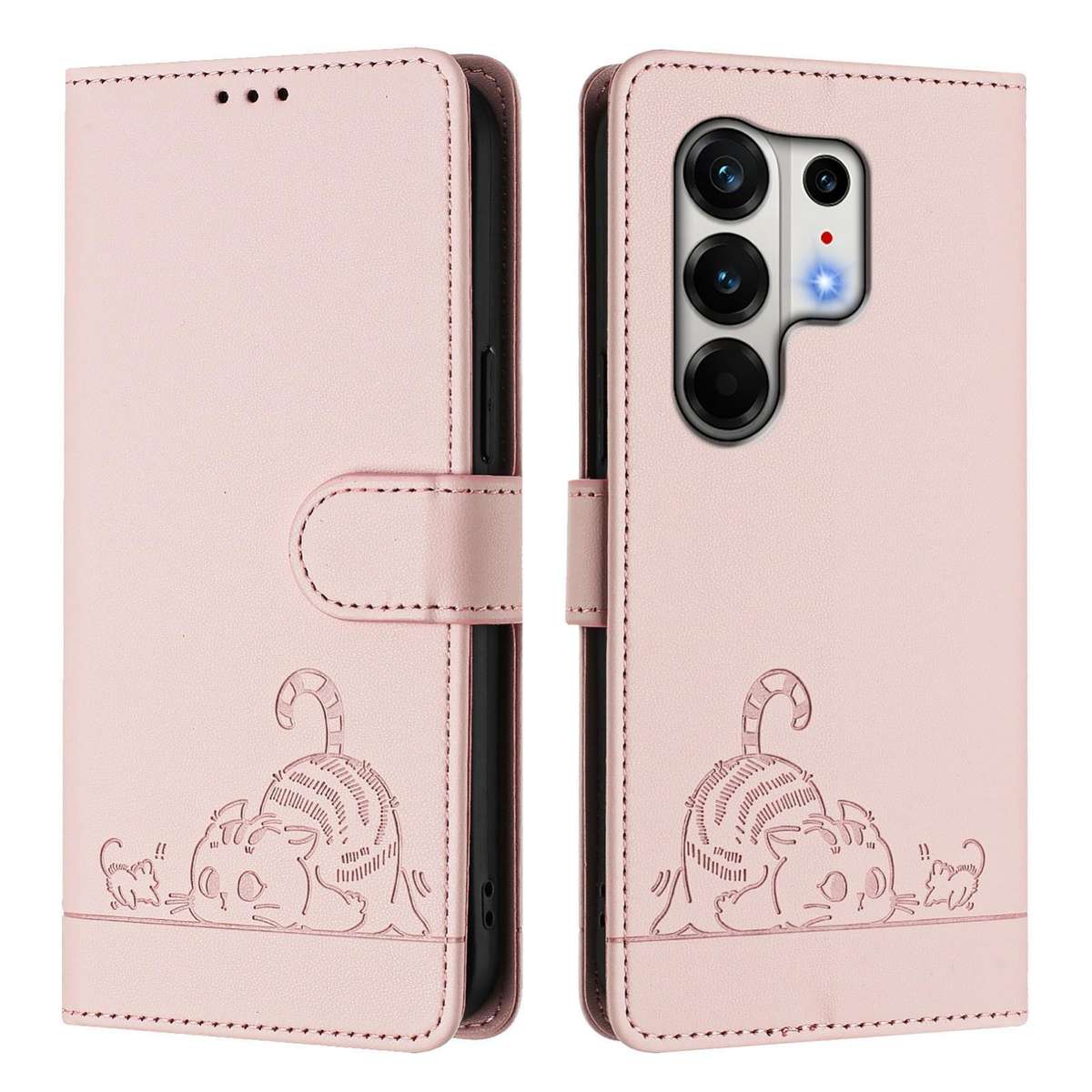For Tecno Camon 50 Pro 4G Cat Rat Embossed Pattern RFID Leather Phone Case with Lanyard(Pink)