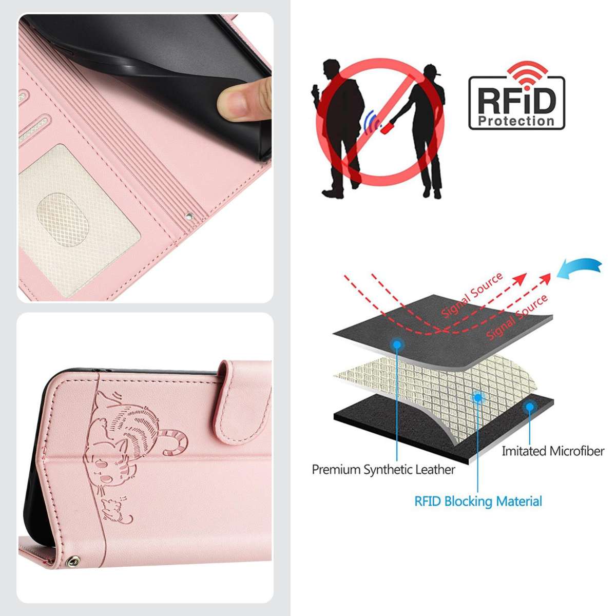 For Tecno Camon 50 Pro 4G Cat Rat Embossed Pattern RFID Leather Phone Case with Lanyard(Pink)