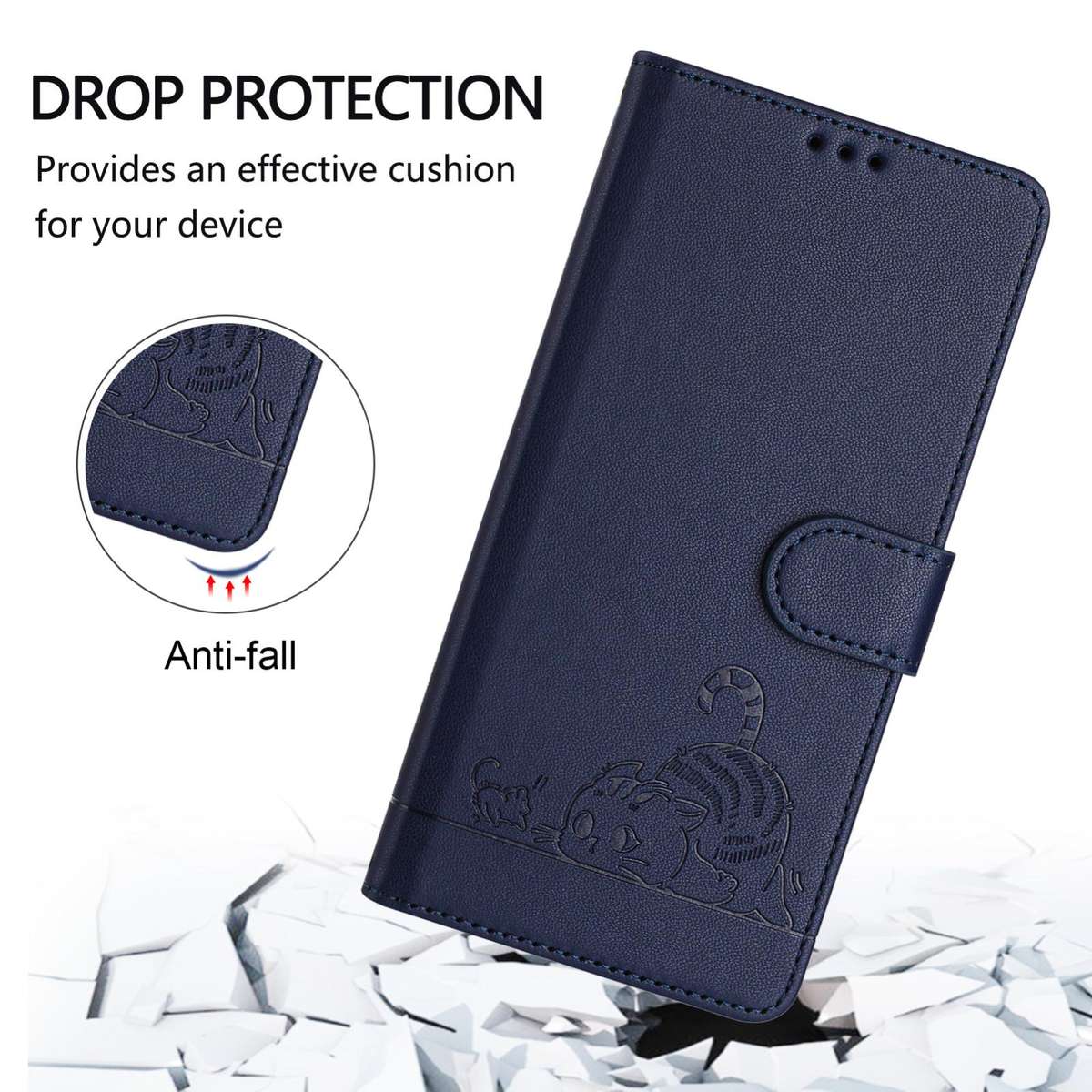 For Tecno Camon 50 Pro 4G Cat Rat Embossed Pattern RFID Leather Phone Case with Lanyard(Blue)
