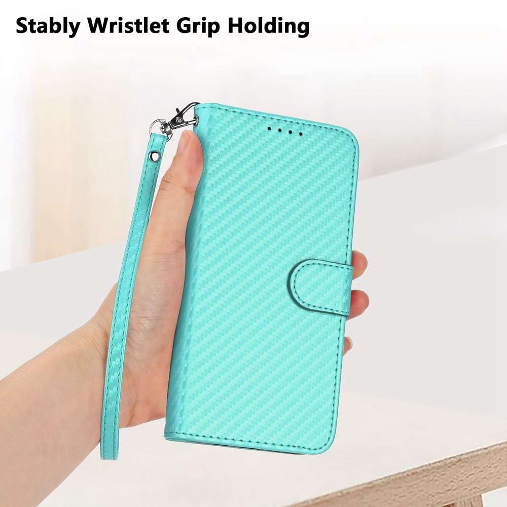 For Samsung Galaxy Note20 YX0070 Carbon Fiber Buckle Leather Phone Case with Lanyard(Light Blue)