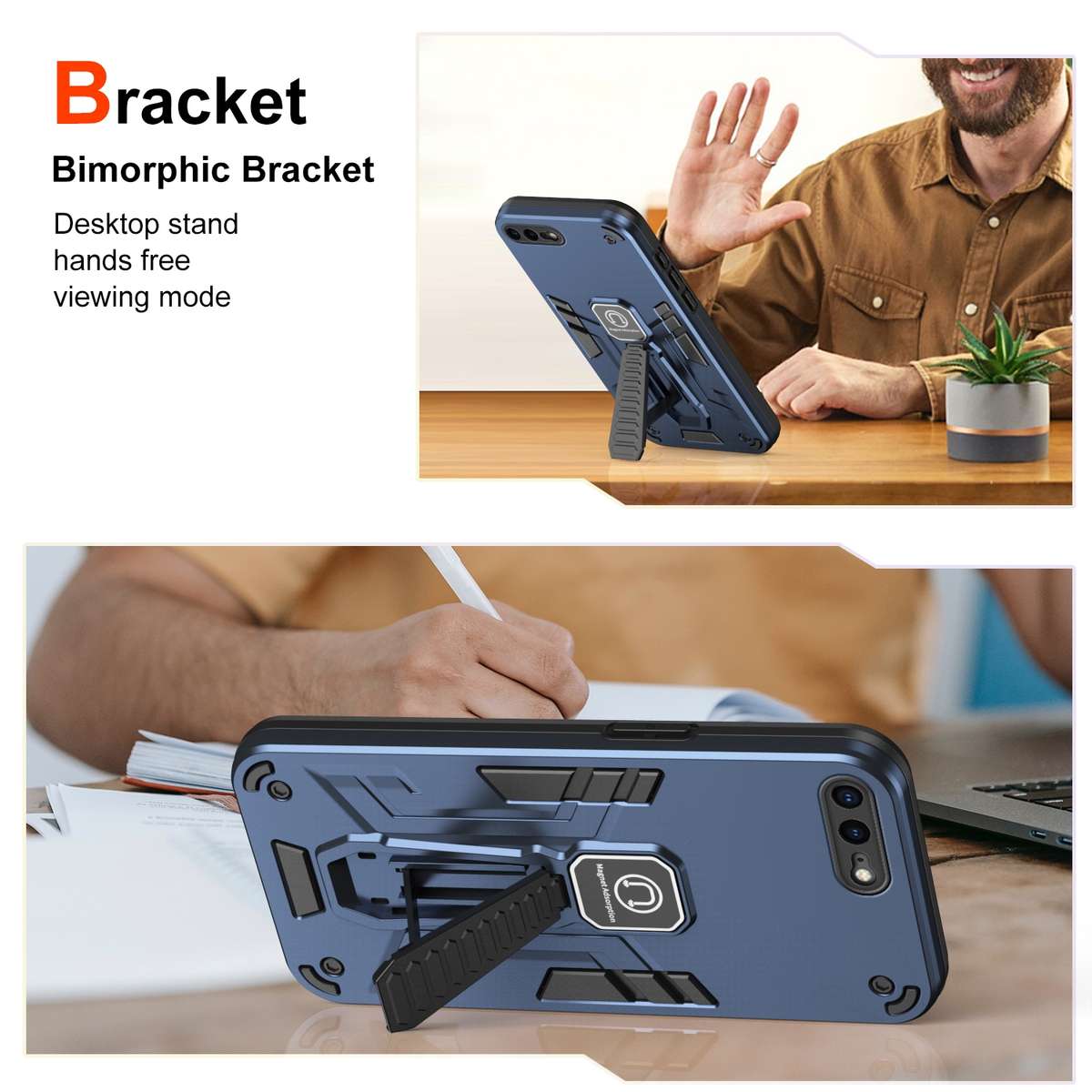 For iPhone 8 Plus / 7 Plus Shockproof Holder Phone Case(Blue)