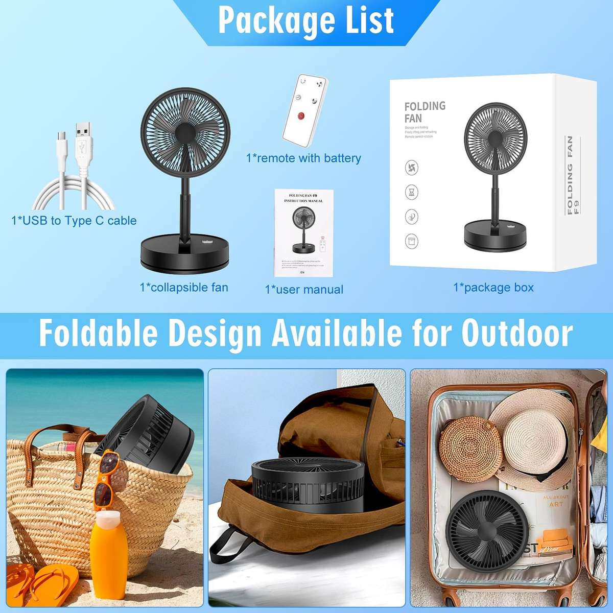 F9 Folding Adjustable Height Desktop Electric Fan